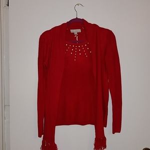 Ruby red pullover sweater with detachable scarf
